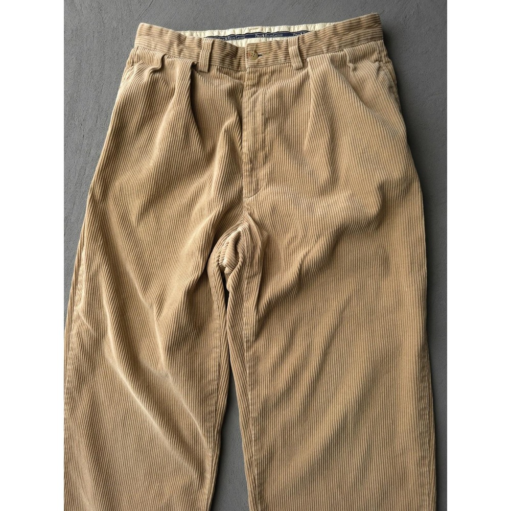 Vintage 90s Polo Ralph Lauren Tan Corduroy Pants 30 Pleated Wide Leg - Picture 2 of 15